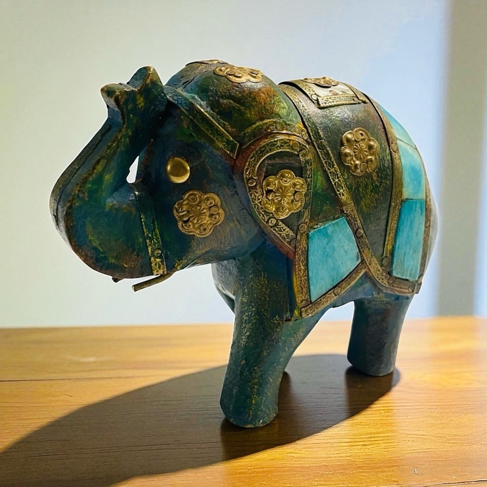Carved Wood Indian Elephant Copper Brass and Bovine Bone Inlay Embellishments